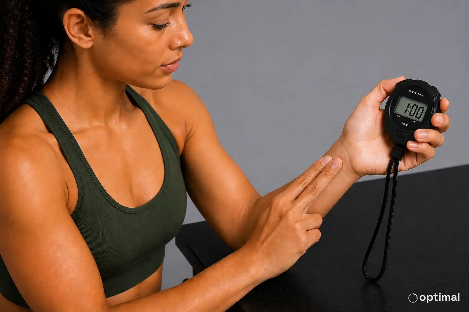 Checking your pulse at the wrist using two fingers and a stopwatch
