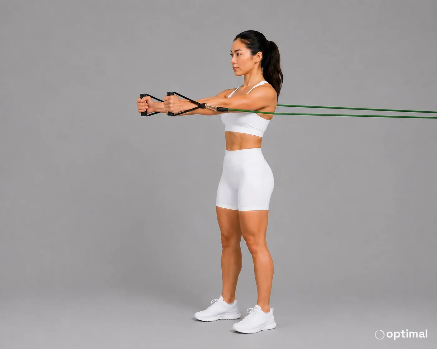Band chest press end position with arms pressed forward