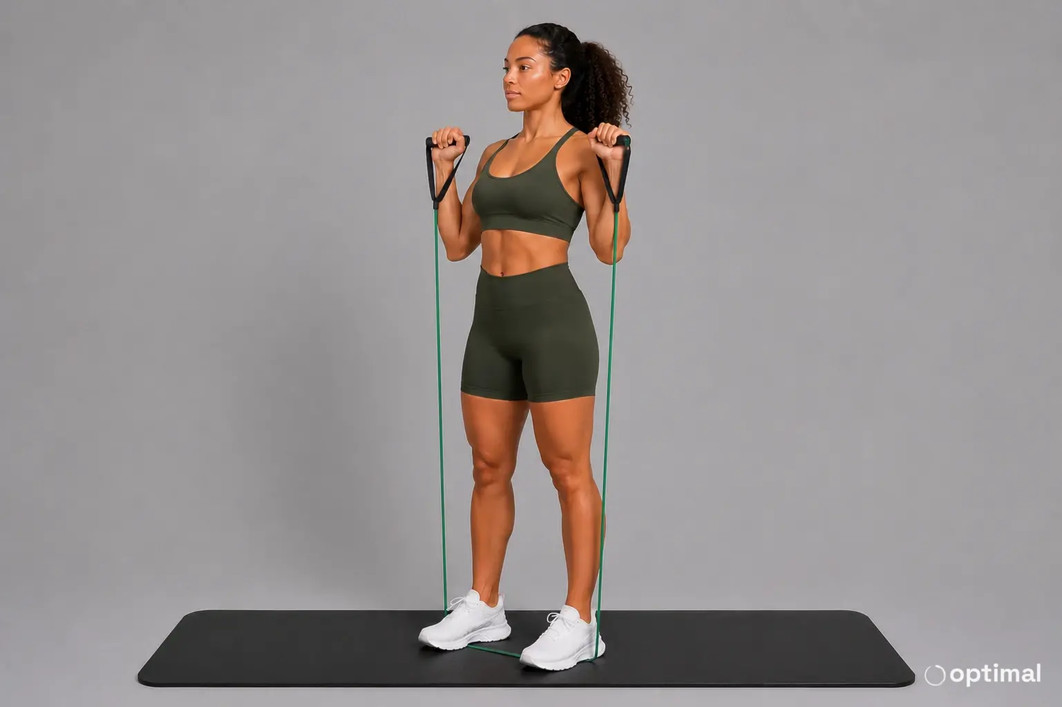 Band shoulder press start position with hands at shoulder height
