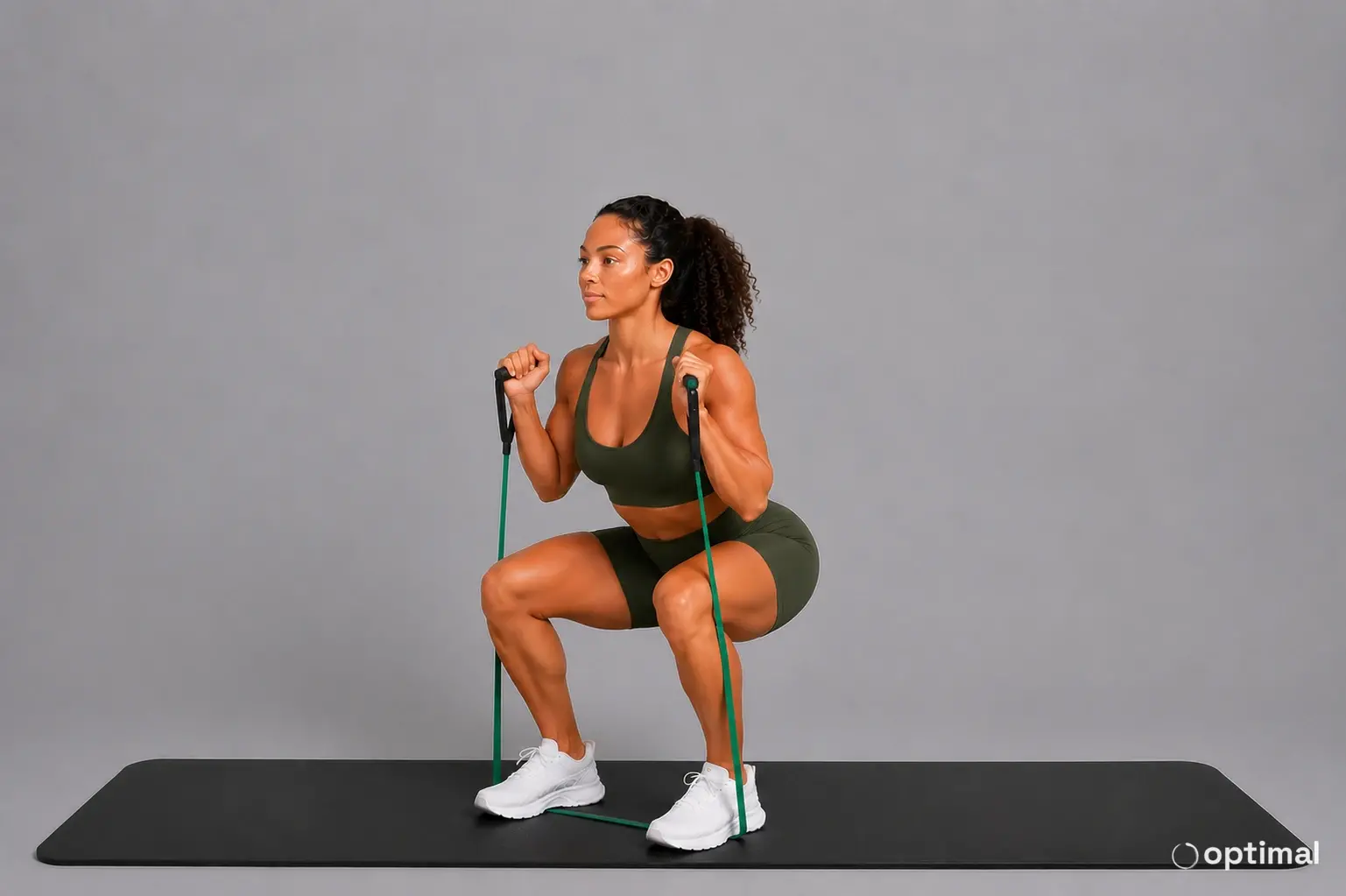 Band squat lower position with hips back and knees bent