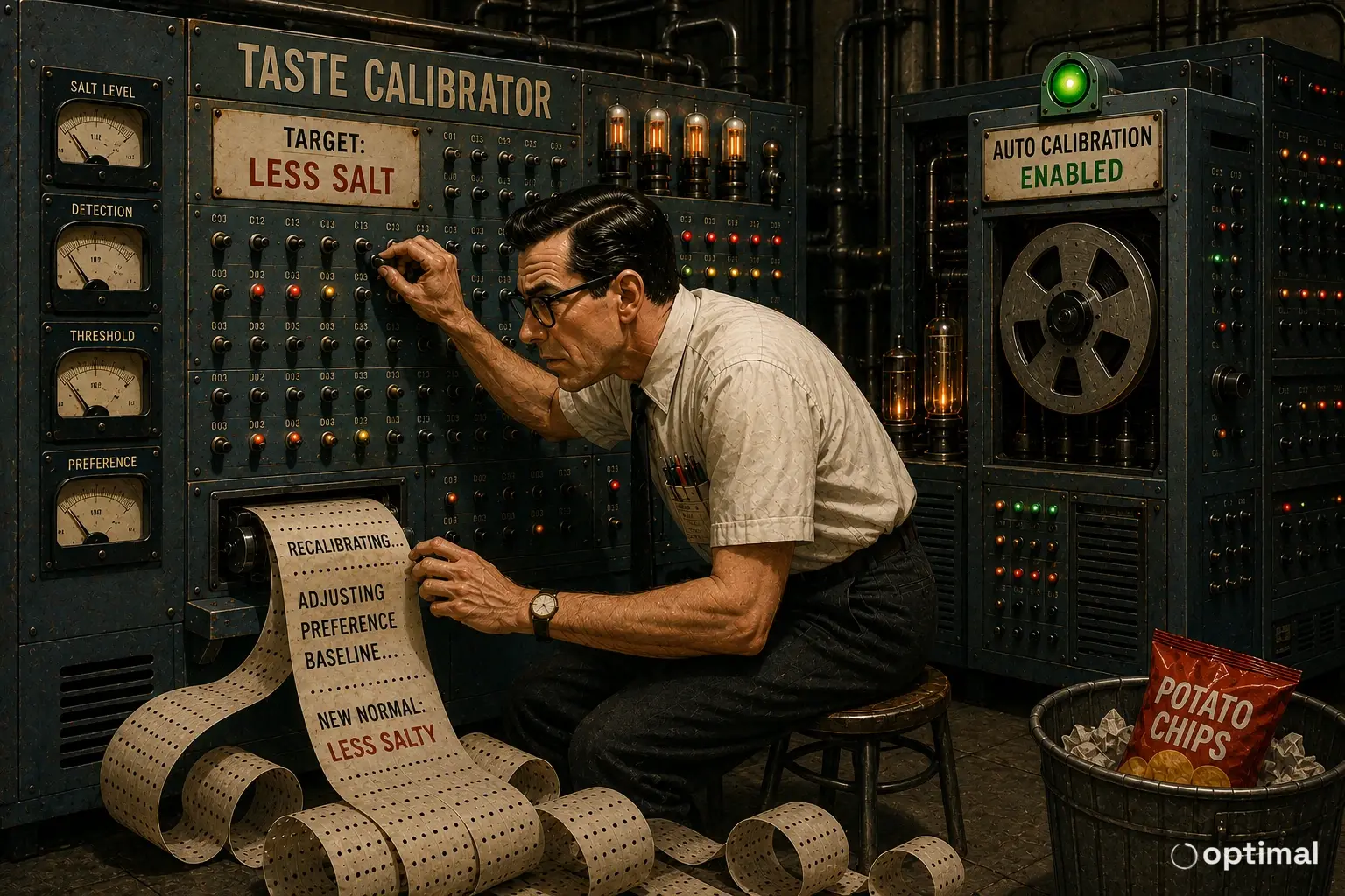 A vintage taste calibration machine adjusting taste preferences toward less salty food