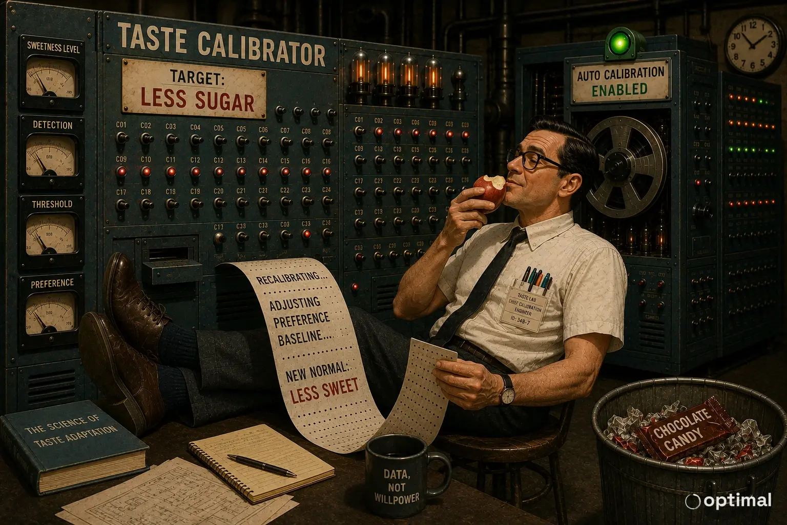 A vintage taste calibration machine adjusting taste preferences toward less sweet food