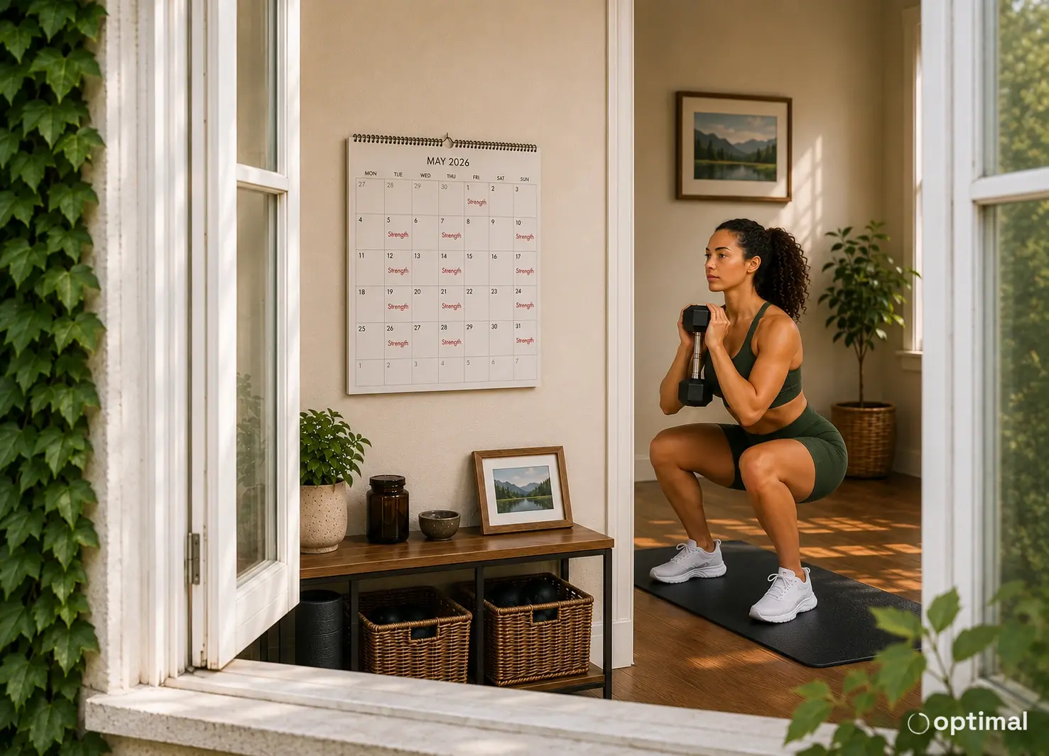 A weekly calendar showing strength training sessions spread across the week beside a home strength workout