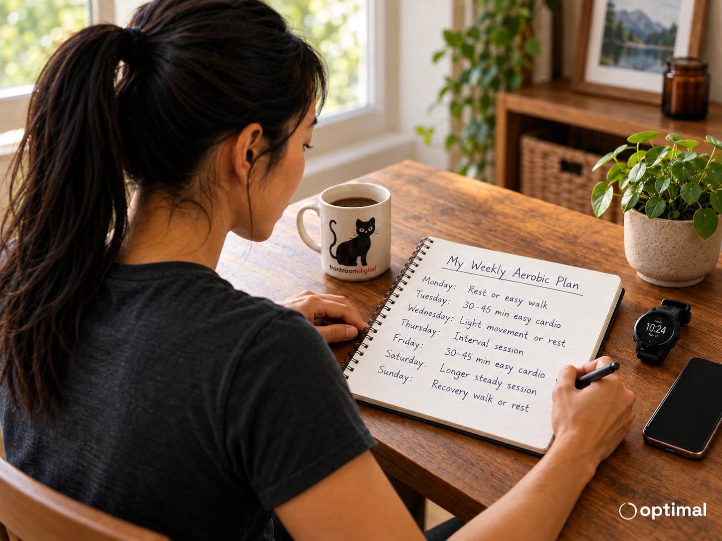 A woman at a wooden table writing a seven-day aerobic training plan in a notebook